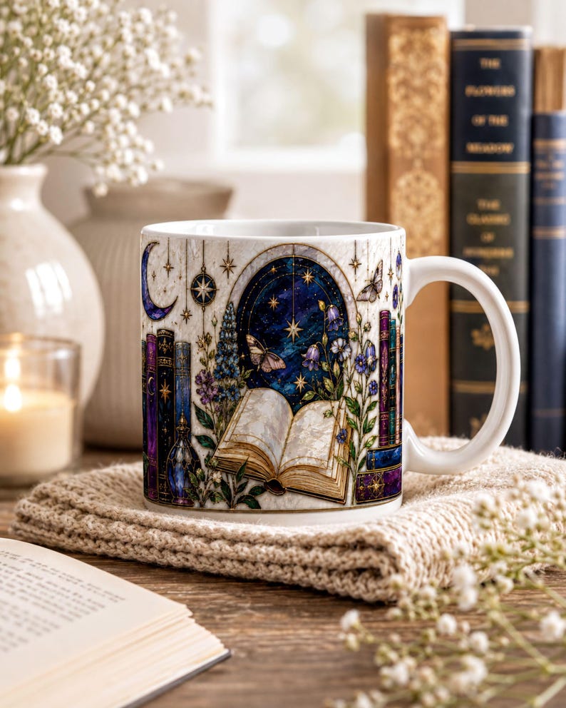 A white mug with a colorful, intricate design featuring a book, flowers, and a starry night sky, placed on a wooden surface next to a book and some flowers.