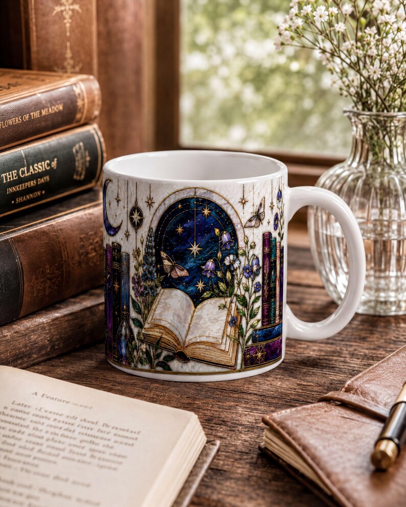 a mug with a starry night sky design, a book, a pen, and a vase of flowers on a wooden surface.