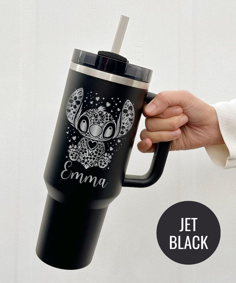 Custom Engraved Alien Floral Tumbler: Personalized Stitch Insulated Travel Mug Bild 4