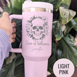 Lover of Halloween Skull Engraved Tumbler Custom Name Mug Spooky Gift Idea for October Birthday Personalized Gothic Fall Travel Cup Fans