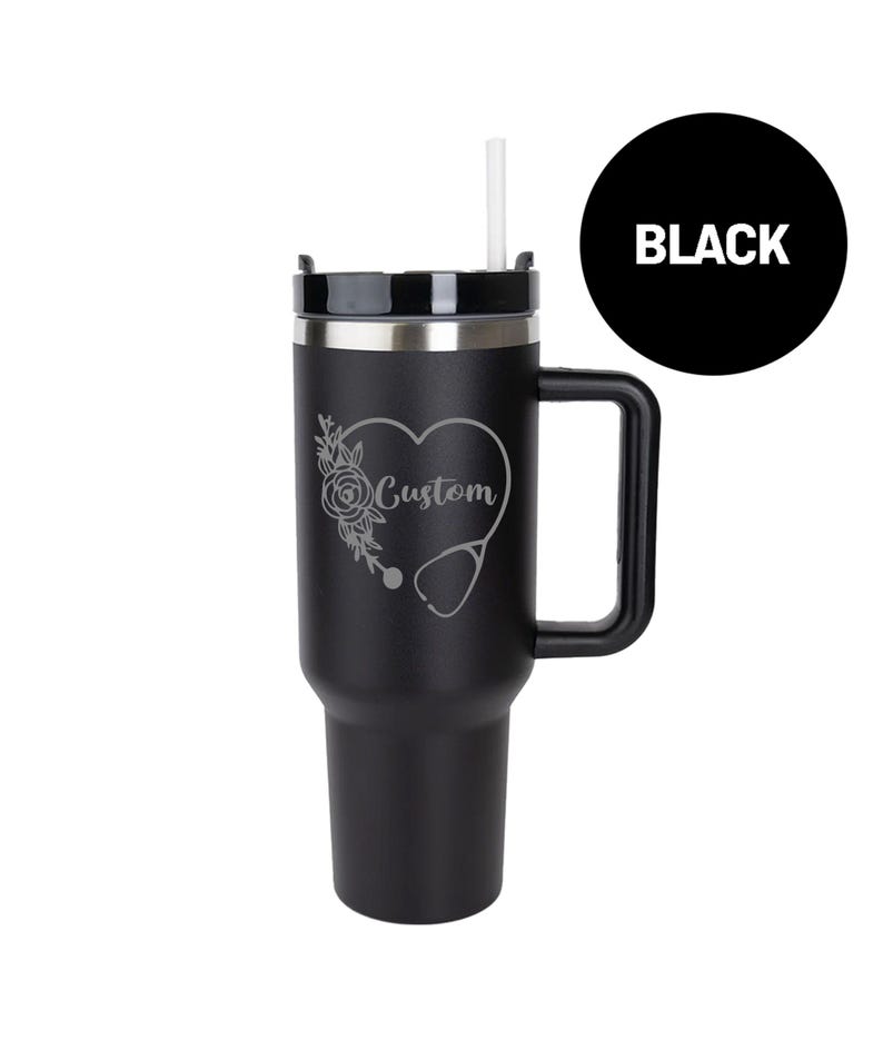 Custom 40oz Engraved Nurse Stanley Tumbler with Floral Stethoscope + Name, Gift For Nurse, Cup for RN, Medical School Gift, Nurse Week Gift