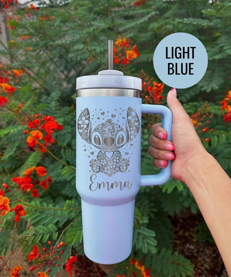 Custom Engraved Alien Floral Tumbler: Personalized Stitch Insulated Travel Mug Bild 3