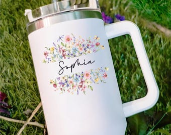 Personalized Floral Tumbler: Engraved Wildflower Stainless Steel Travel Mug