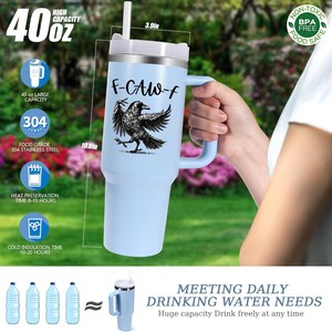 A stainless steel insulated tumbler featuring a detailed black raven illustration with wings spread, paired with the phrase "F-Caw-F" in playful script; the design blends gothic and humorous elements, creating a unique travel cup for bird enthusiasts, crow lovers, or fans of dark sarcastic quotes; shown on tumblers in various matte finishes, each with a handle and straw for practical everyday use.
