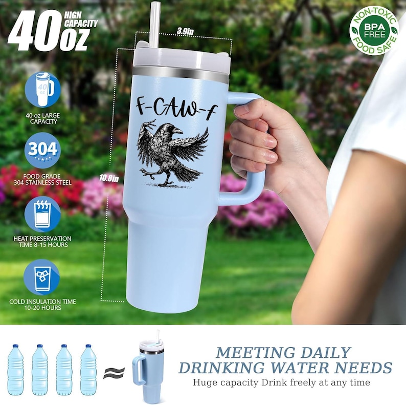 A stainless steel insulated tumbler featuring a detailed black raven illustration with wings spread, paired with the phrase "F-Caw-F" in playful script; the design blends gothic and humorous elements, creating a unique travel cup for bird enthusiasts, crow lovers, or fans of dark sarcastic quotes; shown on tumblers in various matte finishes, each with a handle and straw for practical everyday use.