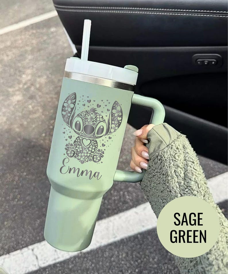 Custom Engraved Alien Floral Tumbler: Personalized Stitch Insulated Travel Mug Bild 5