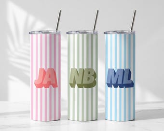 Personalized Initial Tumbler Striped Name Custom Monogram Travel Cup Girls Trip Beach Vacation Drinkware
