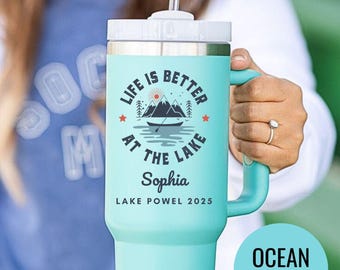 Personalized Lake Life Tumbler: Mountain Canoe Scene, Custom Name