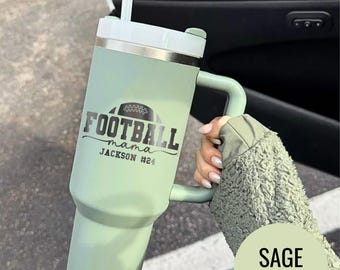 Football Mama Tumbler, Personalized Sports Mom Engraved Cup, Custom Name and Number Gift