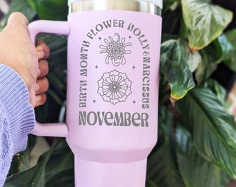 Custom Birth Flower Engraved Tumbler: Stainless Steel Travel Mug
