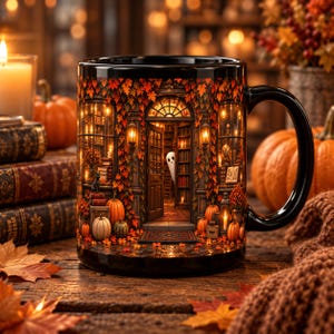 May include: A black ceramic mug featuring a detailed wrap-around illustration of a cozy bookstore entrance decorated with autumn leaves, pumpkins, and a small white ghost visible through the open door, set against a warm, dimly lit interior.