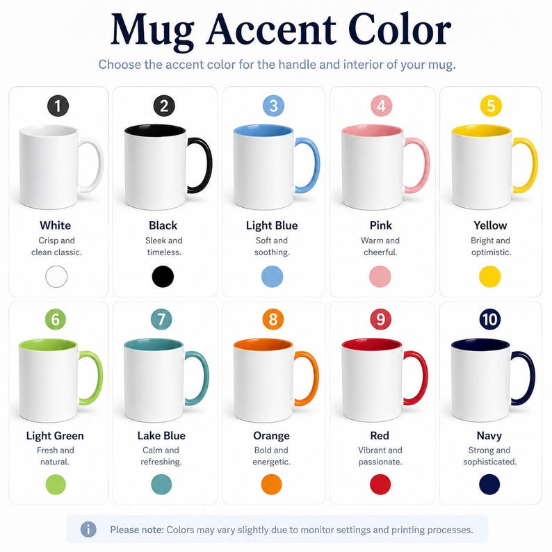 a collection of mugs with different colors, each labeled with a corresponding color name. The mugs are arranged in a grid format, with each row representing a different color and each column representing a different type of mug. The colors and types of mugs include white, black, light blue, pink, yellow, and others. The image provides a visual guide for choosing the appropriate color for the handle and interior of a mug based on the color name.