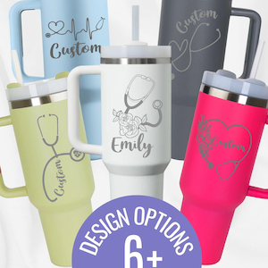Custom 40oz Engraved Nurse Stanley Tumbler with Floral Stethoscope + Name, Gift For Nurse, Cup for RN, Medical School Gift, Nurse Week Gift