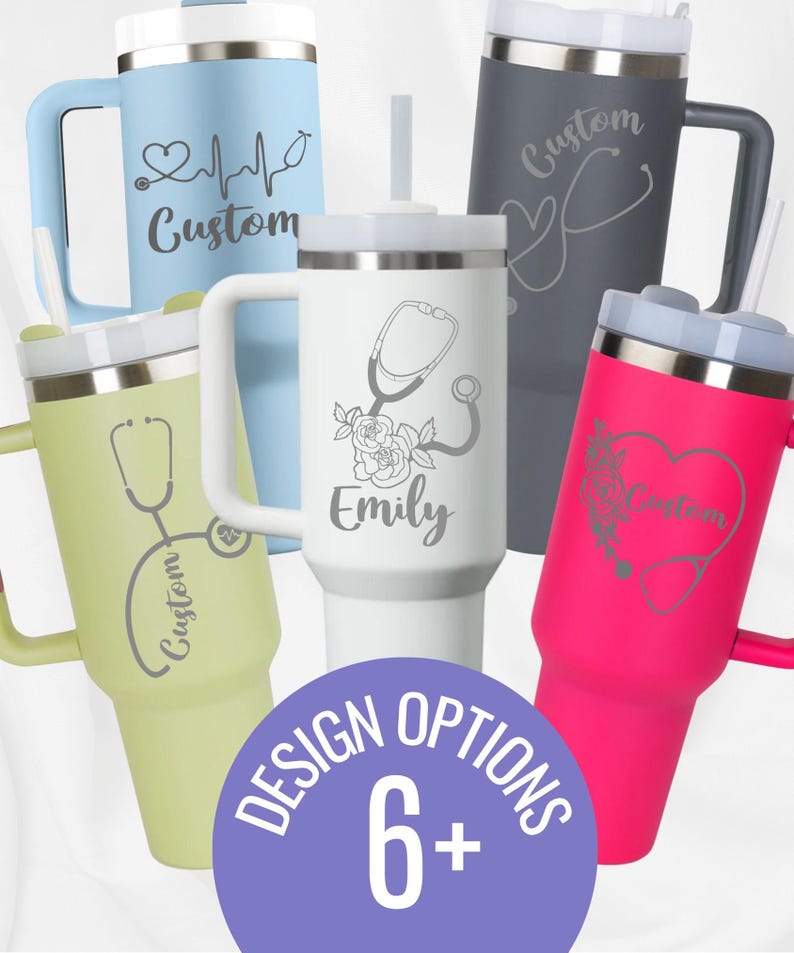 Custom 40oz Engraved Nurse Stanley Tumbler with Floral Stethoscope + Name, Gift For Nurse, Cup for RN, Medical School Gift, Nurse Week Gift