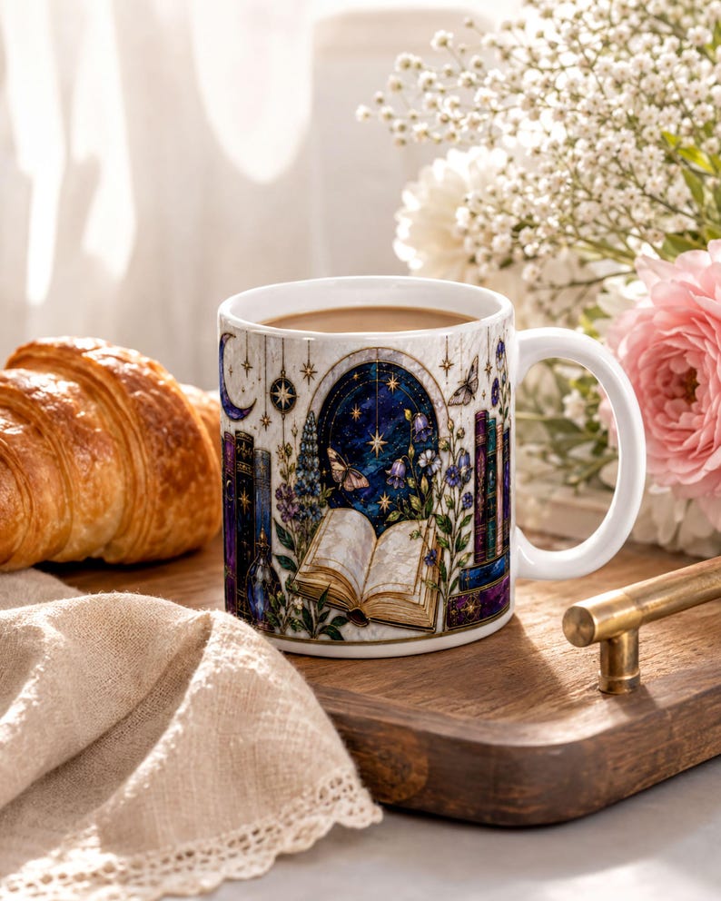 A white ceramic mug with a colorful, illustrated design sits on a wooden tray, accompanied by a croissant, a vase of white flowers, and a book.