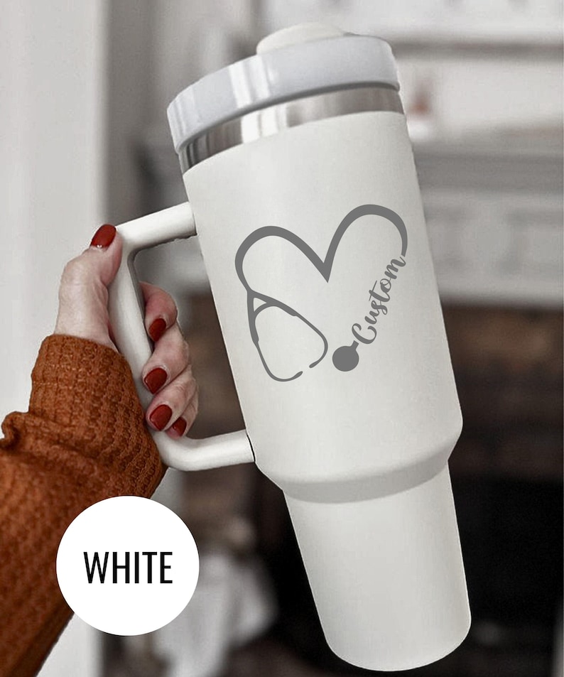 Custom 40oz Engraved Nurse Stanley Tumbler with Floral Stethoscope + Name, Gift For Nurse, Cup for RN, Medical School Gift, Nurse Week Gift