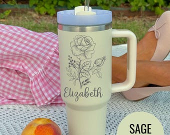 Engraved Rose Tumbler: Personalized Floral Stainless Steel Travel Mug