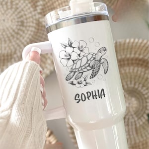 Personalized Sea Turtle Tumbler Custom Name Cup Floral Ocean Design Engraved Gift for Beach Lovers Summer Travel Drinkware