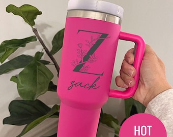 Custom Floral Monogram Engraved Tumbler: Personalized Stainless Steel Cup