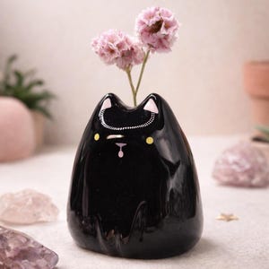 Mini vaso Gatto nero fatto a mano – Porta baffi caduti di gatto e porta incenso – Decorazione da scrivania effetto ceramica