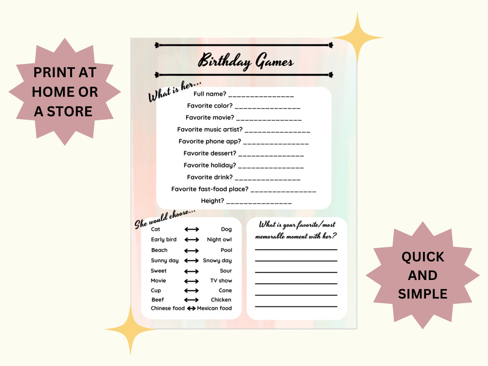 Birthday Party Game for Girls, Printable Birthday Game, Digital ...