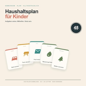 May include: A set of 48 chore cards for children titled Haushaltplan für Kinder. The cards feature icons and text in German, including Bett machen, Tisch decken, Post holen, Wassernapf füllen, and Blätter sammeln, arranged in a fan shape.