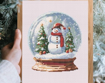 Christmas Snowman in the snow globe cross stitch, Christmas tree counted mini cross chart, Winter scenery holiday nativity cross stitch