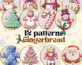 Christmas gingerbread cross stitch, Christmas tree, Santa, Nutcracker, pancake, candy cane, Christmas bell in gingerbread tiny cross stitch