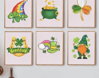 6 St. Patrick's Day cross stitch patterns, Pot of Gold, Lucky Clover, Horseshoe, Shamrock, Leprechaun, Rainbow, Irish cross charts