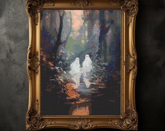 Woodland ghosts cross stitch pattern, Halloween cross stitch, Cute ghosts cross chart, Spooky creepy horror mystical cross stitch