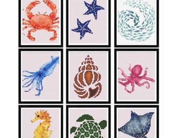 Tiny sea creatures cross stitch patterns, Ocean animals cross stitch chart, Simple easy tiny sea patterns, Octopus turtle shell embroidery
