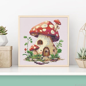 Mushroom House Cross Stitch Pattern, Fairy House Cross Chart, Magical Fantasy House Pattern, Cottages Cross Stitch, Embroidery Fairy House