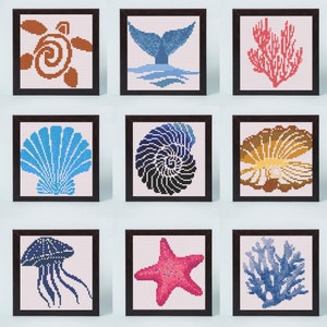 Sea creatures mini cross stitch patterns, Ocean animals tiny cross stitch chart, Simple easy sea pattern, Jellyfish turtle shell embroidery