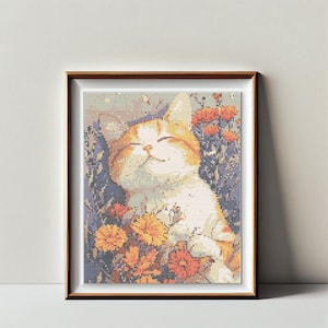 Kattenkruissteekpatroon, bloemenkruissteek, schattige kattenbloem kruissteek, kruissteekkaart bloemenkat, kattenliefhebber cadeau, grappig borduurwerk