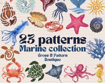 Sea creatures cross stitch patterns, Ocean animals cross stitch chart, Sea small easy tiny patterns, Whale turtle jellyfish embroidery
