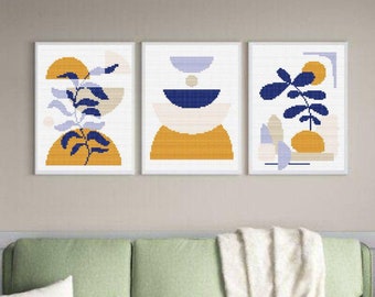 Set of 3 Modern Boho Cross stitch patterns, Tropical geometric boho embroidery designs, Abstract nature floral cross stitch art