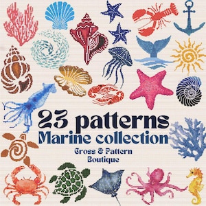 Sea creatures cross stitch patterns, Ocean animals cross stitch chart, Sea small easy tiny patterns, Whale turtle jellyfish embroidery