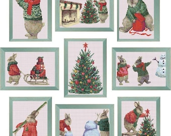 Set of 13 Christmas bunny cross stitch patterns, Watercolor Christmas tree, Winter animals cross chart, Holiday Nativity cross stitch