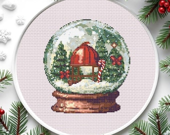 Snow globe Christmas mini cross stitch, Christmas Tree counted cross chart, Winter scenery holiday nativity simple cross stitch