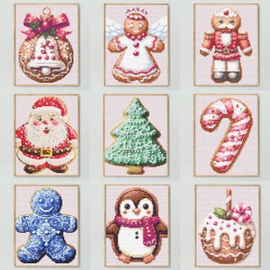 May include: Nine different Christmas-themed gingerbread cookies. The cookies are decorated with icing and sprinkles. The cookies include a bell, an angel, a gingerbread man, a candy cane, a Christmas tree, a Santa Claus, a penguin, a gingerbread man, and a Christmas cake.