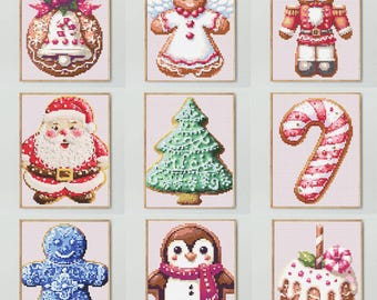 Set of 12 Christmas gingerbread cross stitch, Christmas tree, Santa, Nutcracker, pancake, candy cane, Christmas bell tiny cross stitch