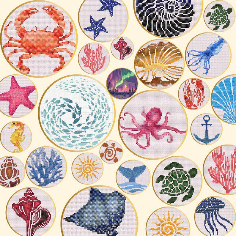 Set of 23 Sea creatures cross stitch patterns, Ocean animals cross stitch chart, Sea small tiny patterns, Whale turtle jellyfish embroidery image 2
