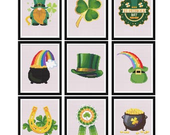 9 St. Patrick's Day cross stitch patterns, Pot of Gold, Lucky Clover, St Patricks Gnome, Shamrock, Leprechaun, Rainbow, Irish cross charts
