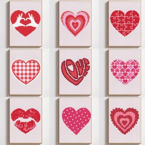 Conjunto de 9 mini padrões de ponto cruz para o dia dos namorados, gráfico de ponto cruz de corações vermelhos e corações rosa, ponto cruz pequeno romântico de amor