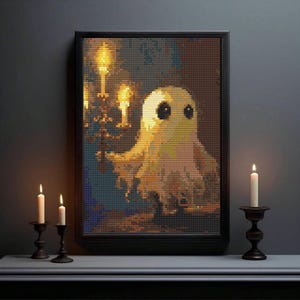 Padrão de ponto cruz de Halloween, Gráfico de cruz de fantasma místico com velas, Ponto cruz de fantasma assustador assustador e assustador