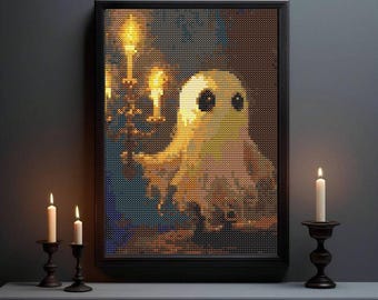 Halloween cross stitch pattern, Mystical ghost with candles cross chart, Spooky creepy horror scary ghost cross stitch