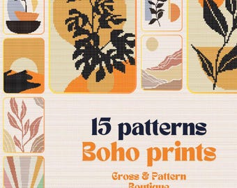 Set of 15 Modern Boho Cross stitch patterns, Abstract nature cross stitch, Tropical boho floral geometric sunset plants cross chart
