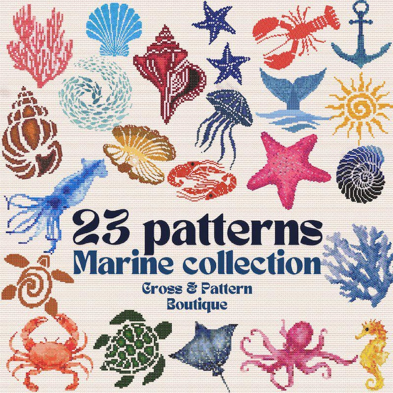 Sea creatures cross stitch patterns, Ocean animals cross stitch chart, Sea small easy tiny patterns, Whale turtle jellyfish embroidery