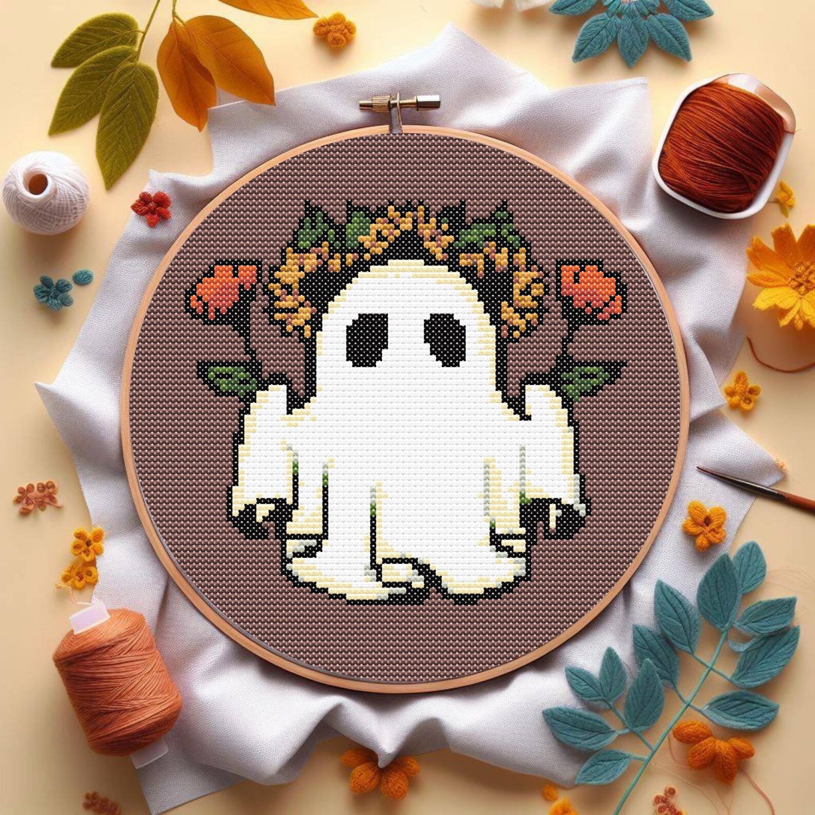 Halloween Mini Cross Stitch Pattern, Cute Funny Flower Ghost Cross ...