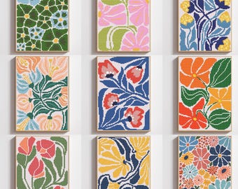 Set of 9 abstract modern flowers cross stitch patterns, Spring nature cross stitch, Plant cross chart, boho, geometric flowers cross stitch